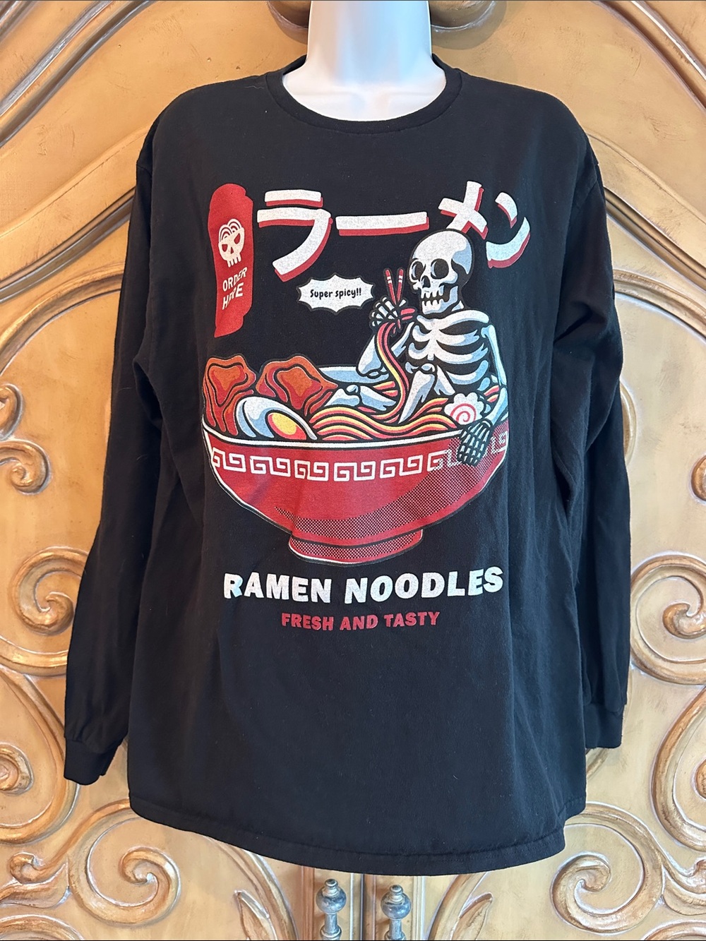 Black Ramen Noodles Skeleton Graphic Long Sleeve Tee